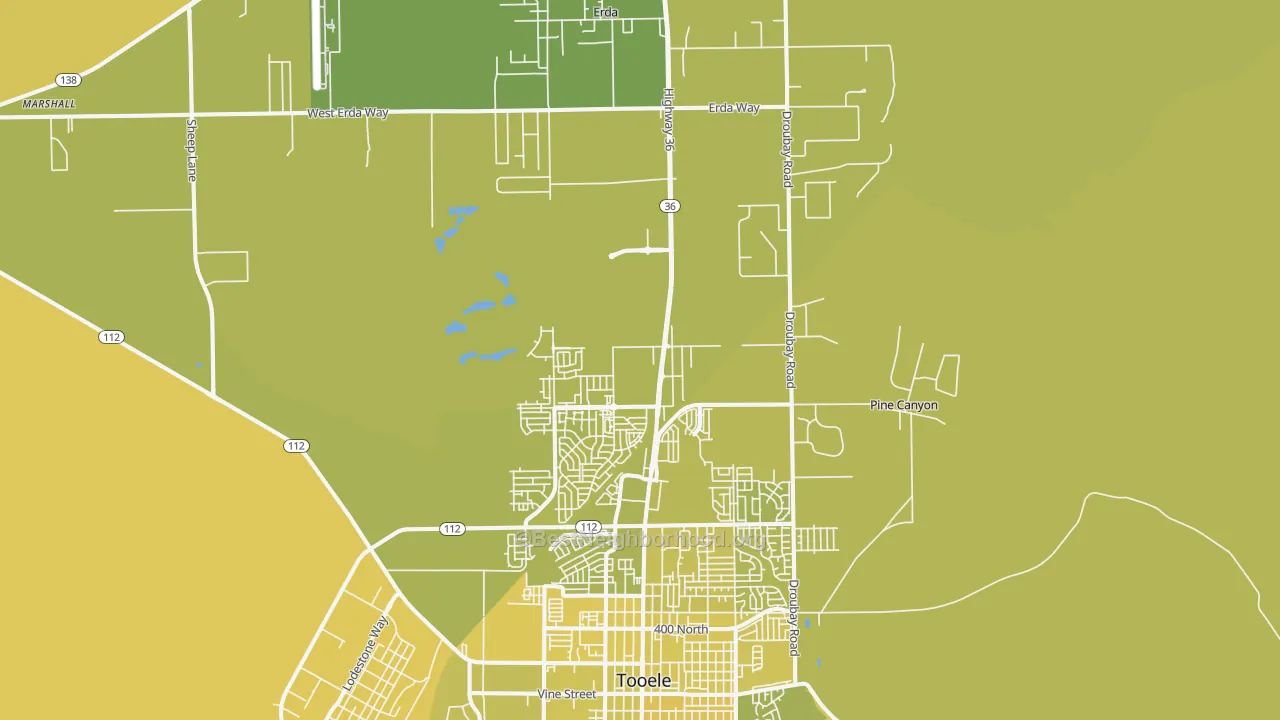 Map of the best neighborhoods in the Tooele area, with better matches in green and worse matches in red