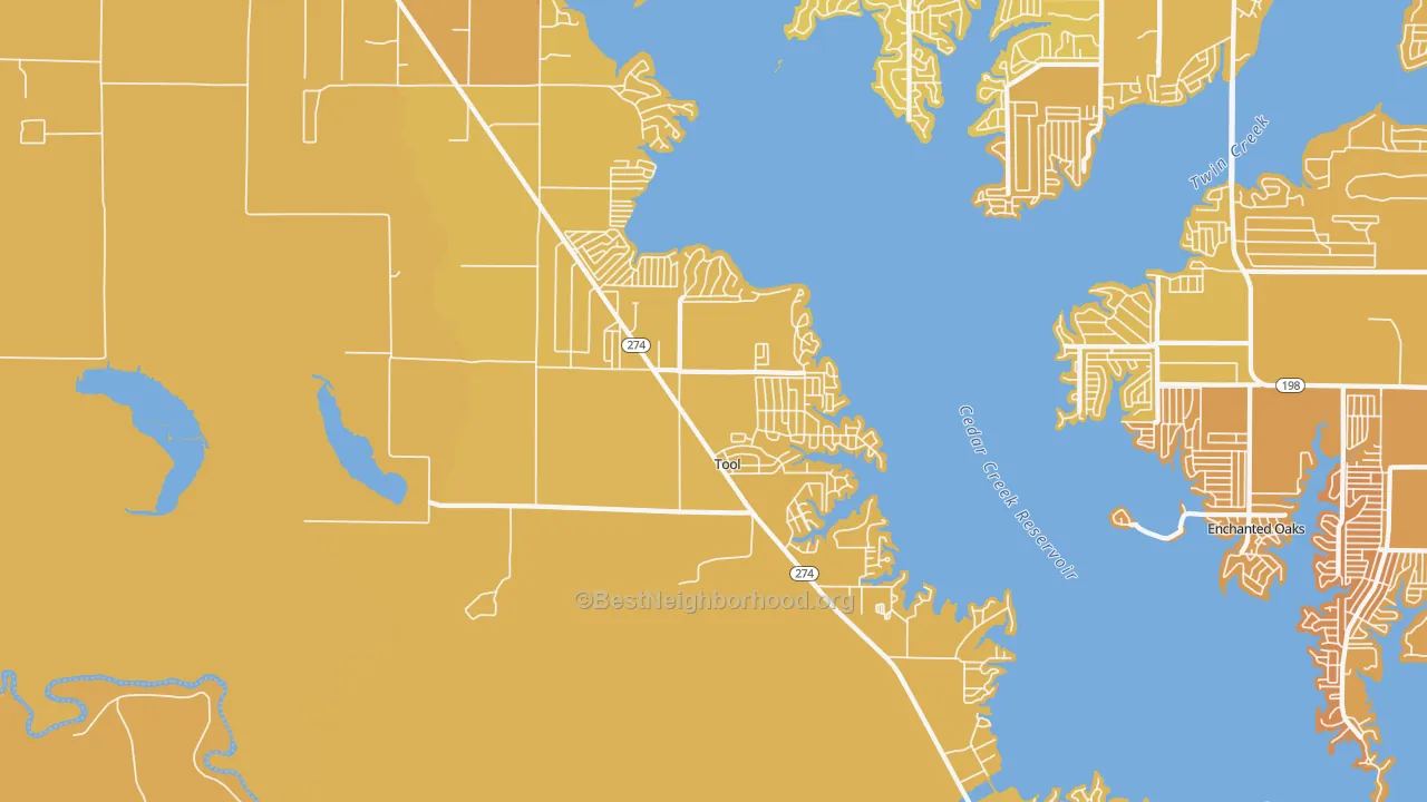 Map of the best neighborhoods in the Tool area, with better matches in green and worse matches in red