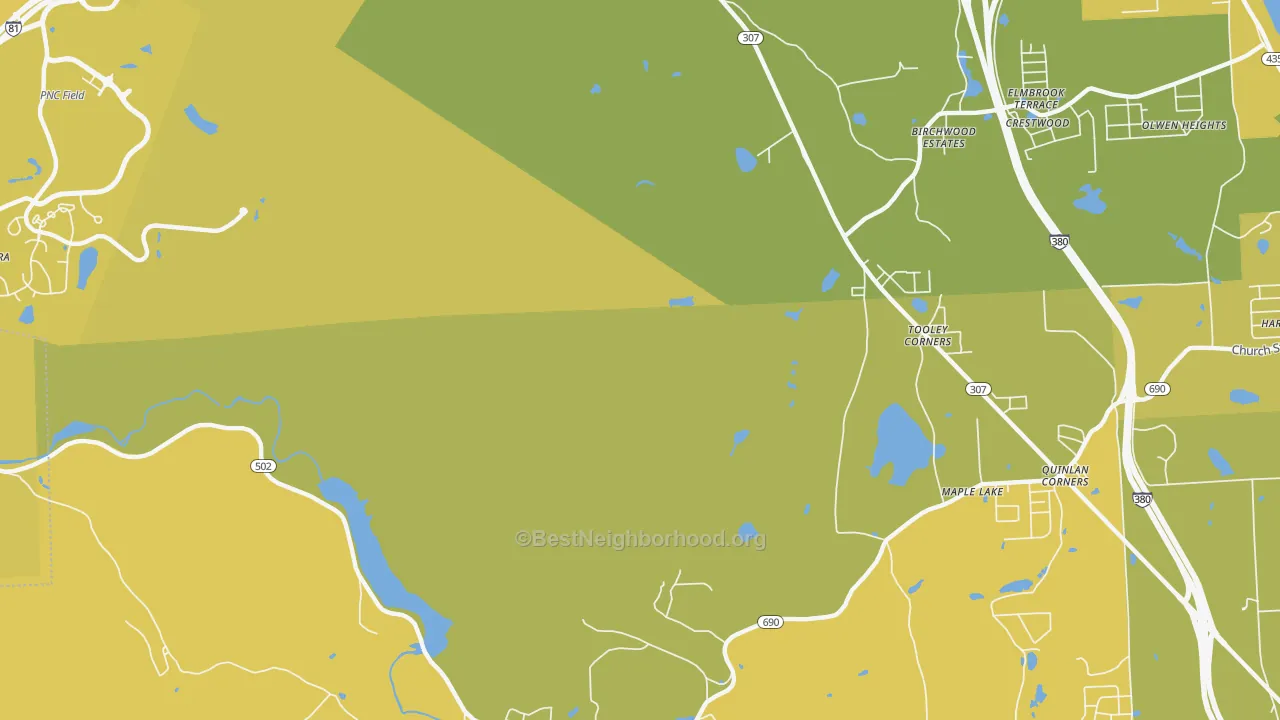 Map of the best neighborhoods in the Tooley Corners area, with better matches in green and worse matches in red