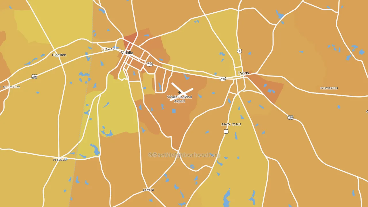 Map of the best neighborhoods in the Toombs County area, with better matches in green and worse matches in red