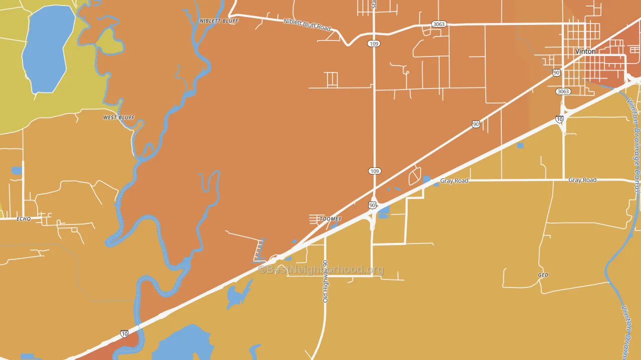 Map of the best neighborhoods in the Toomey area, with better matches in green and worse matches in red