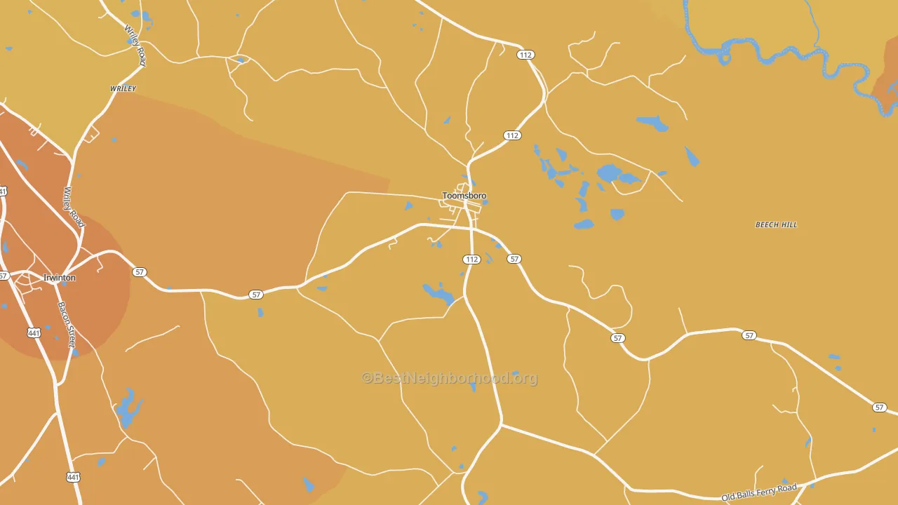 Map of the best neighborhoods in the Toomsboro area, with better matches in green and worse matches in red