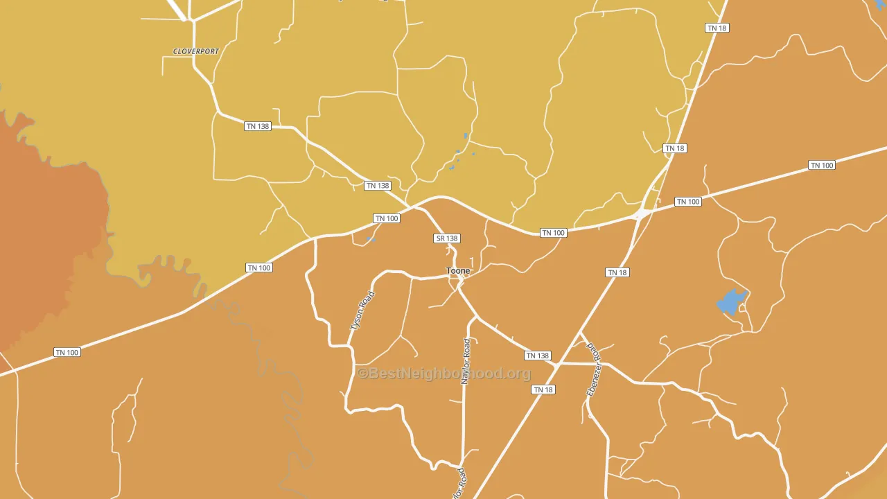 Map of the best neighborhoods in the Toone area, with better matches in green and worse matches in red
