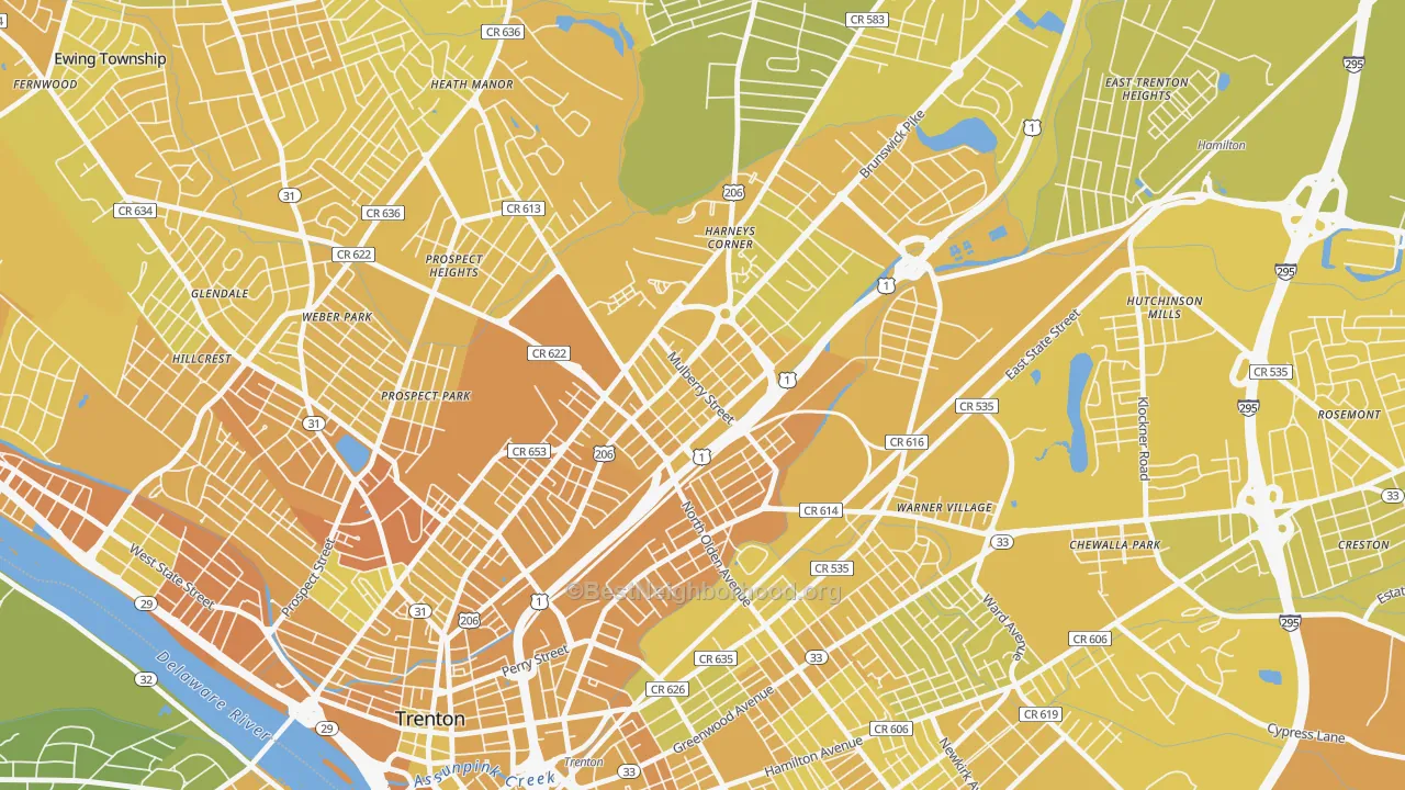 Map of the best neighborhoods in the Top Road, Trenton area, with better matches in green and worse matches in red
