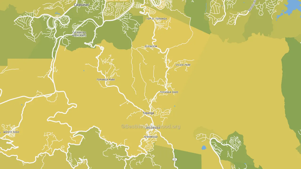 Map of the best neighborhoods in the Topanga area, with better matches in green and worse matches in red