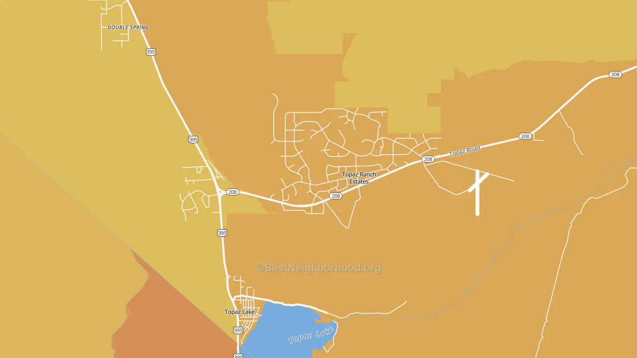 Map of the best neighborhoods in the Topaz Lake area, with better matches in green and worse matches in red