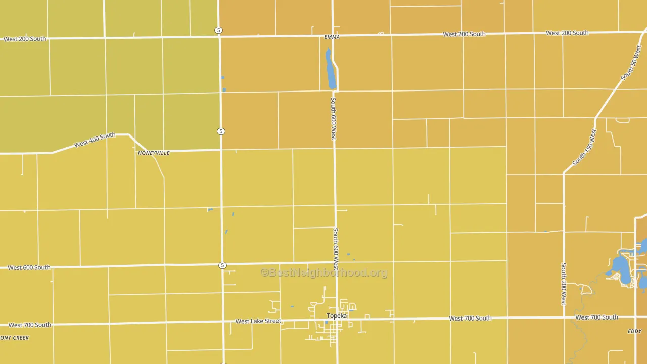 Map of the best neighborhoods in the Topeka area, with better matches in green and worse matches in red