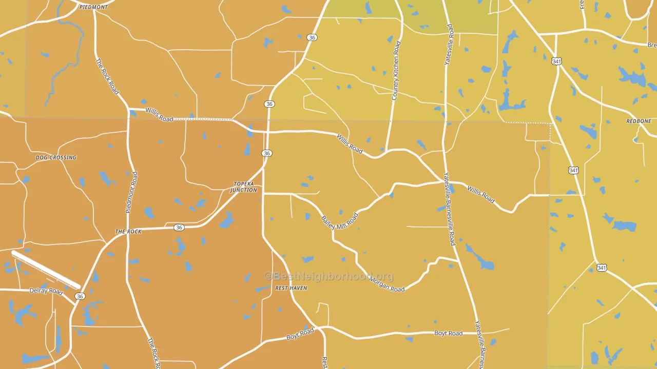 Map of the best neighborhoods in the Topeka Junction area, with better matches in green and worse matches in red