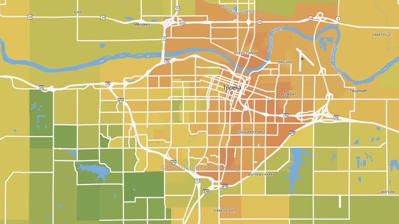Map of the best neighborhoods in the Topeka Metro area, with better matches in green and worse matches in red