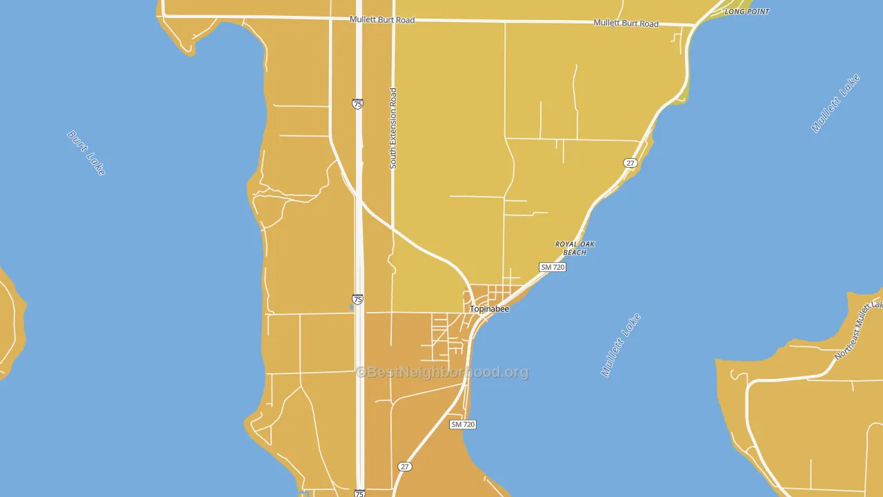 Map of the best neighborhoods in the Topinabee area, with better matches in green and worse matches in red