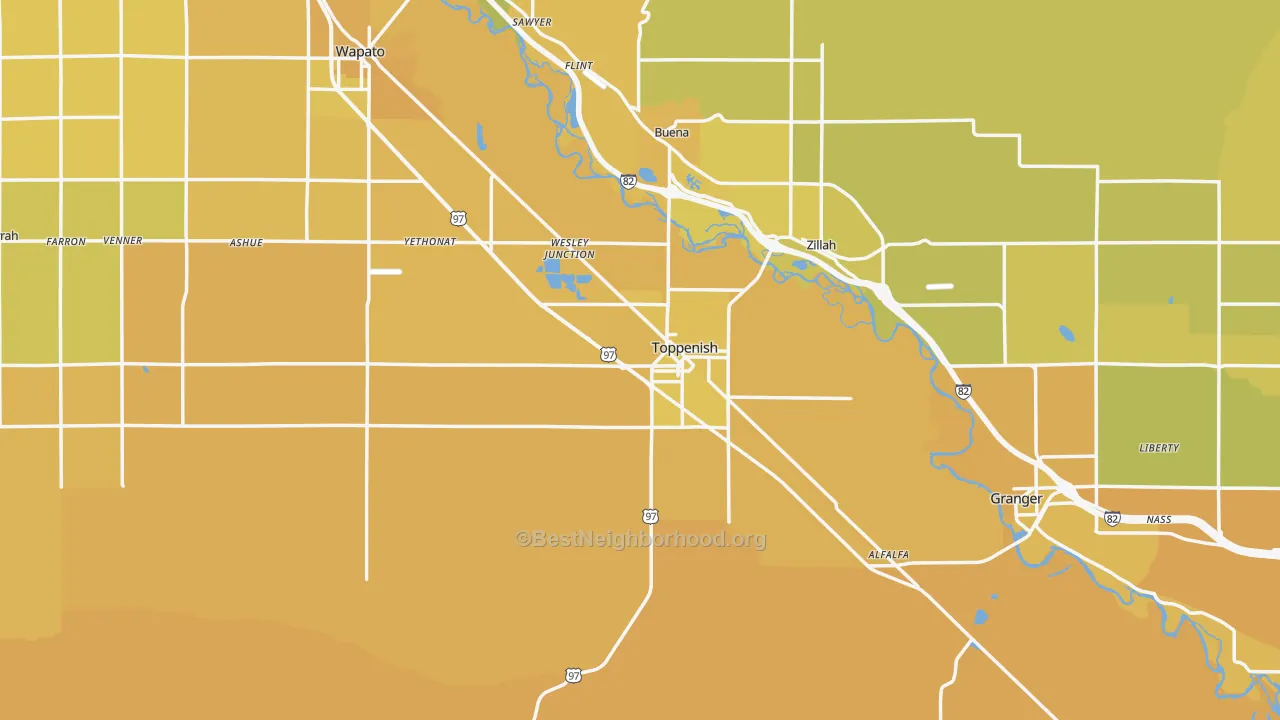 Map of the best neighborhoods in the Toppenish area, with better matches in green and worse matches in red