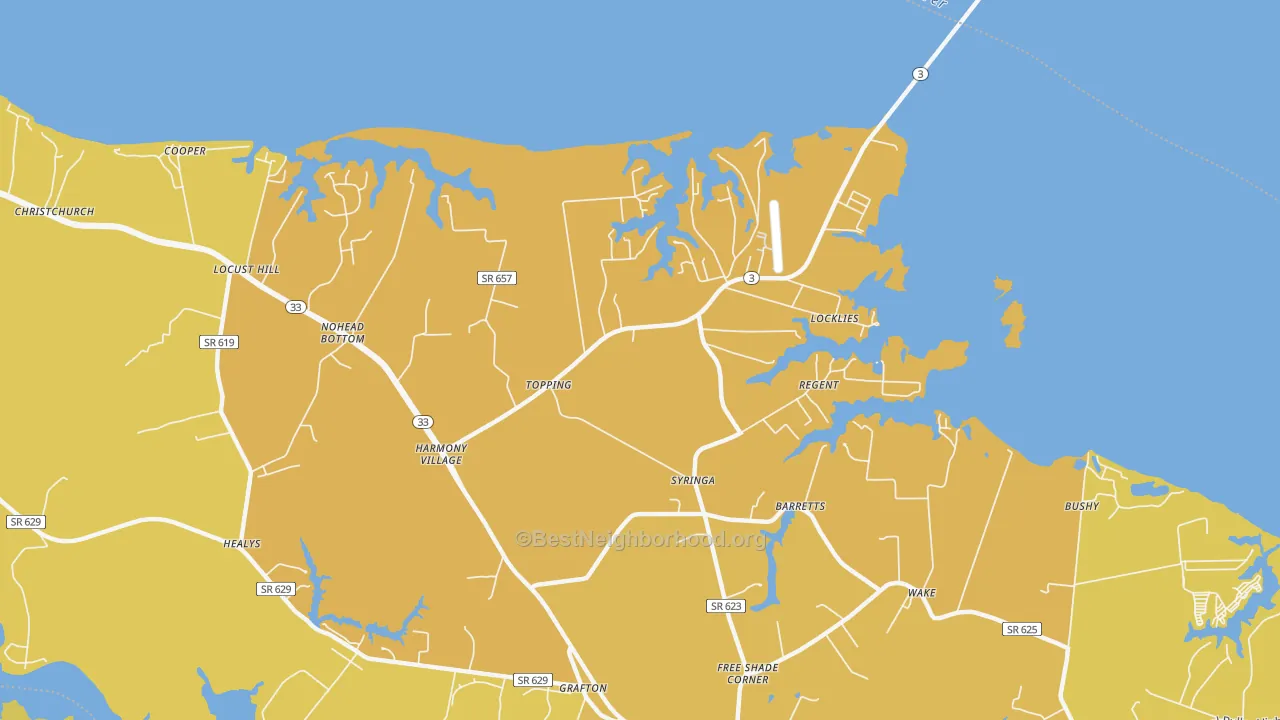 Map of the best neighborhoods in the Topping area, with better matches in green and worse matches in red