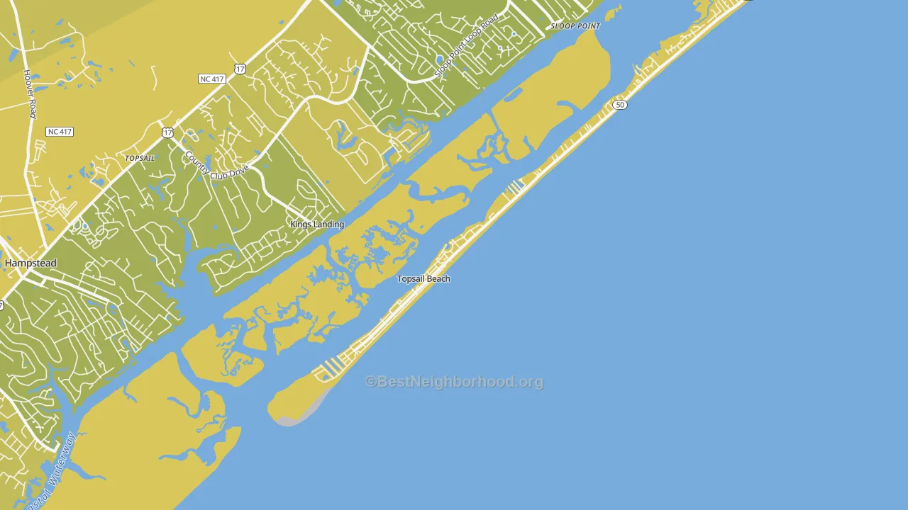Map of the best neighborhoods in the Topsail Beach area, with better matches in green and worse matches in red