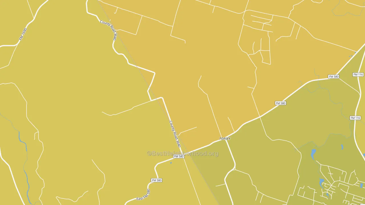 Map of the best neighborhoods in the Topsey area, with better matches in green and worse matches in red