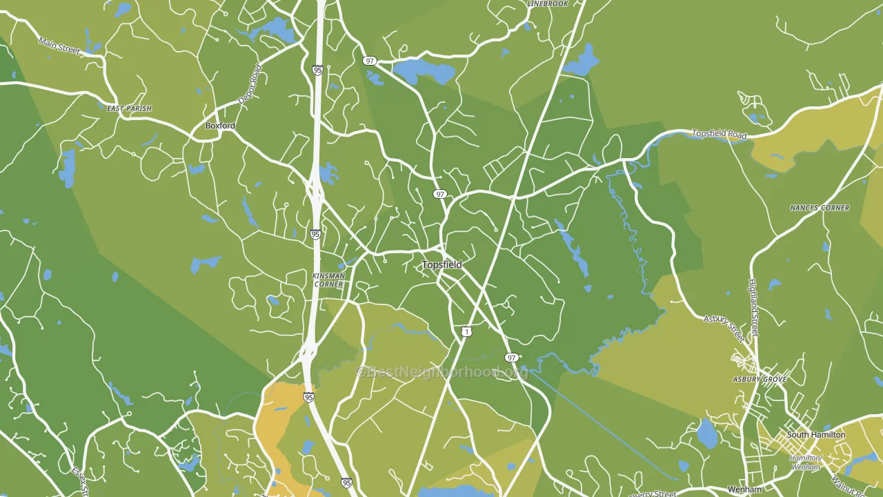 Map of the best neighborhoods in the Topsfield area, with better matches in green and worse matches in red