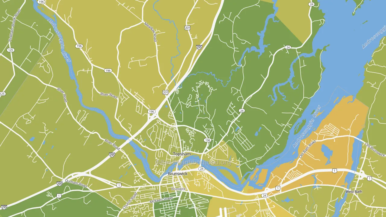 Map of the best neighborhoods in the Topsham area, with better matches in green and worse matches in red