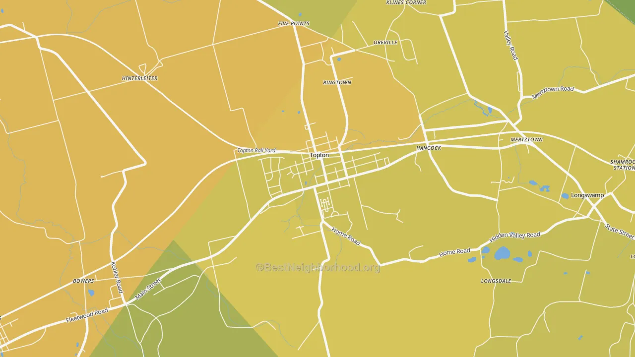 Map of the best neighborhoods in the Topton area, with better matches in green and worse matches in red