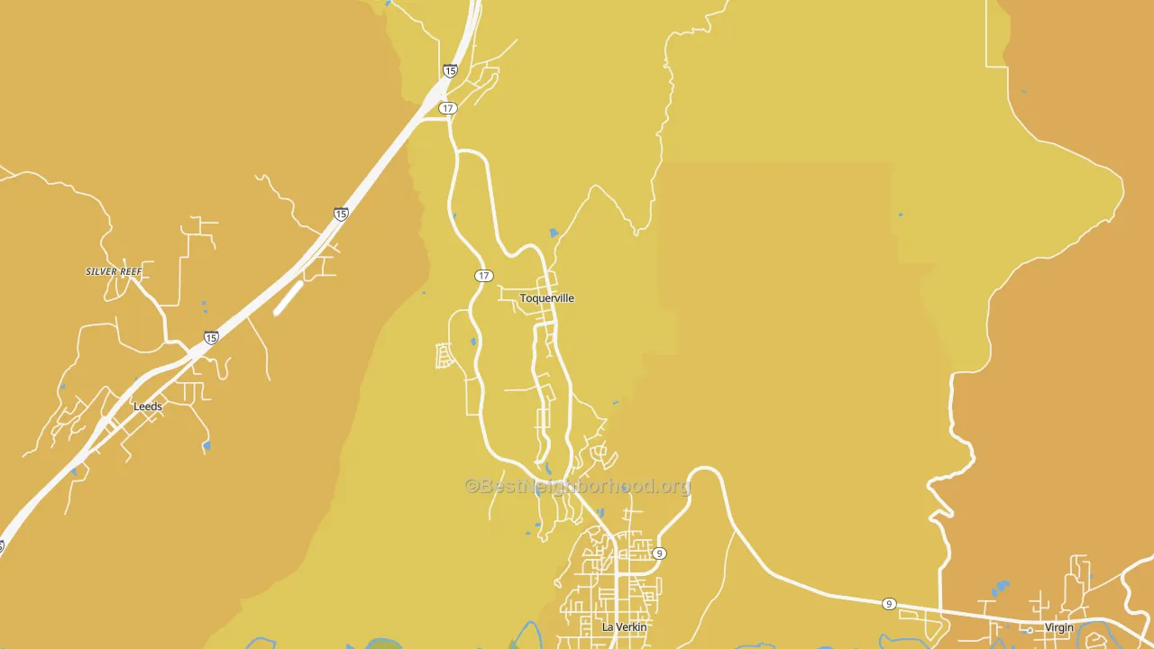Map of the best neighborhoods in the Toquerville area, with better matches in green and worse matches in red