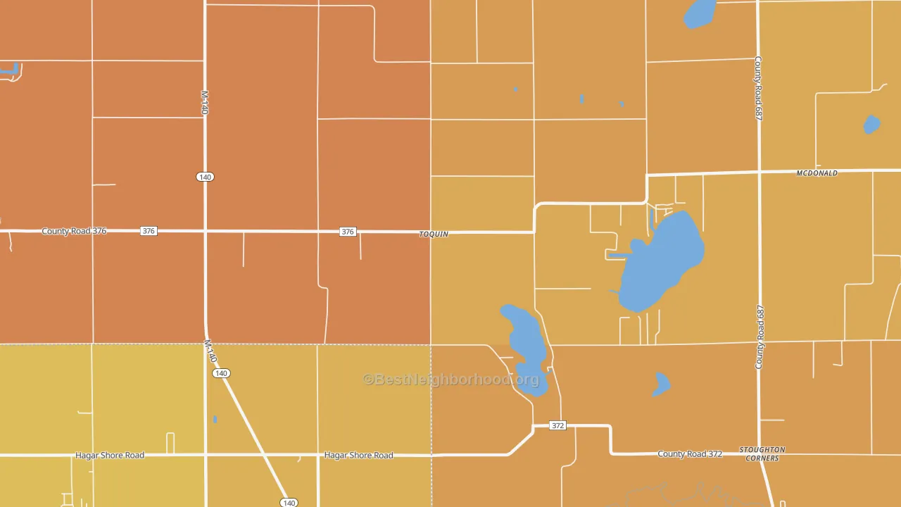 Map of the best neighborhoods in the Toquin area, with better matches in green and worse matches in red