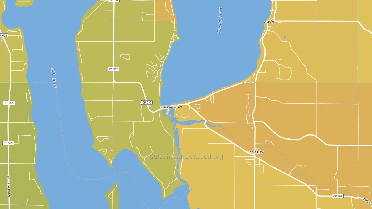 Map of the best neighborhoods in the Torch River area, with better matches in green and worse matches in red