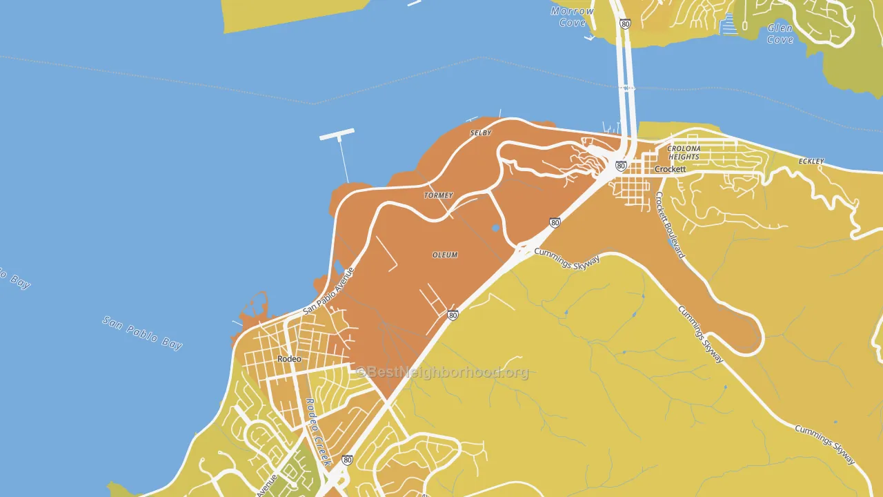 Map of the best neighborhoods in the Tormey area, with better matches in green and worse matches in red