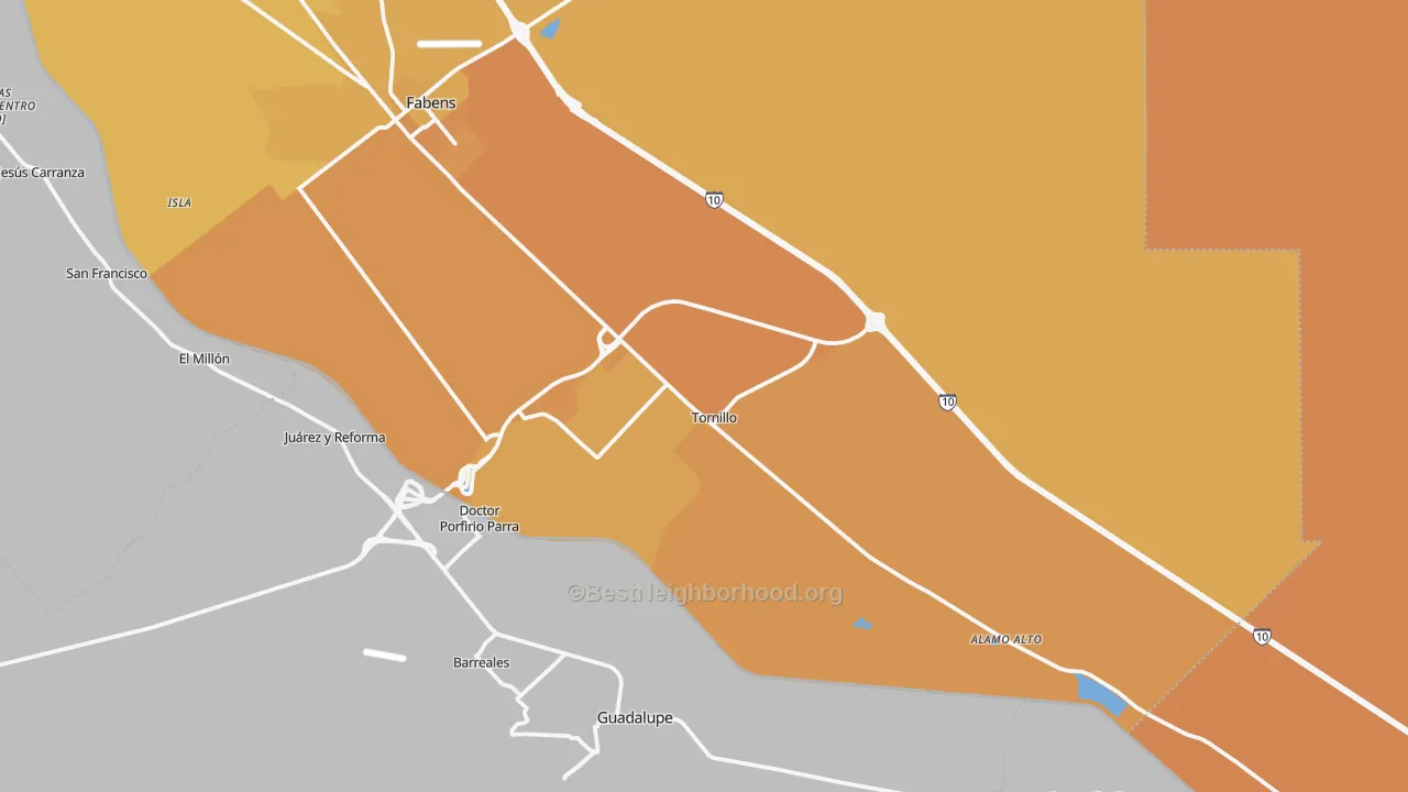 Map of the best neighborhoods in the Tornillo area, with better matches in green and worse matches in red