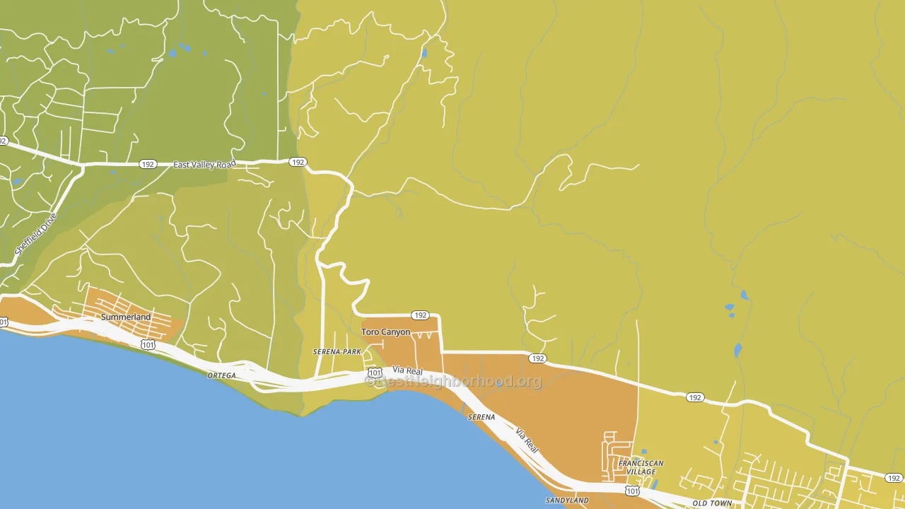 Map of the best neighborhoods in the Toro Canyon area, with better matches in green and worse matches in red