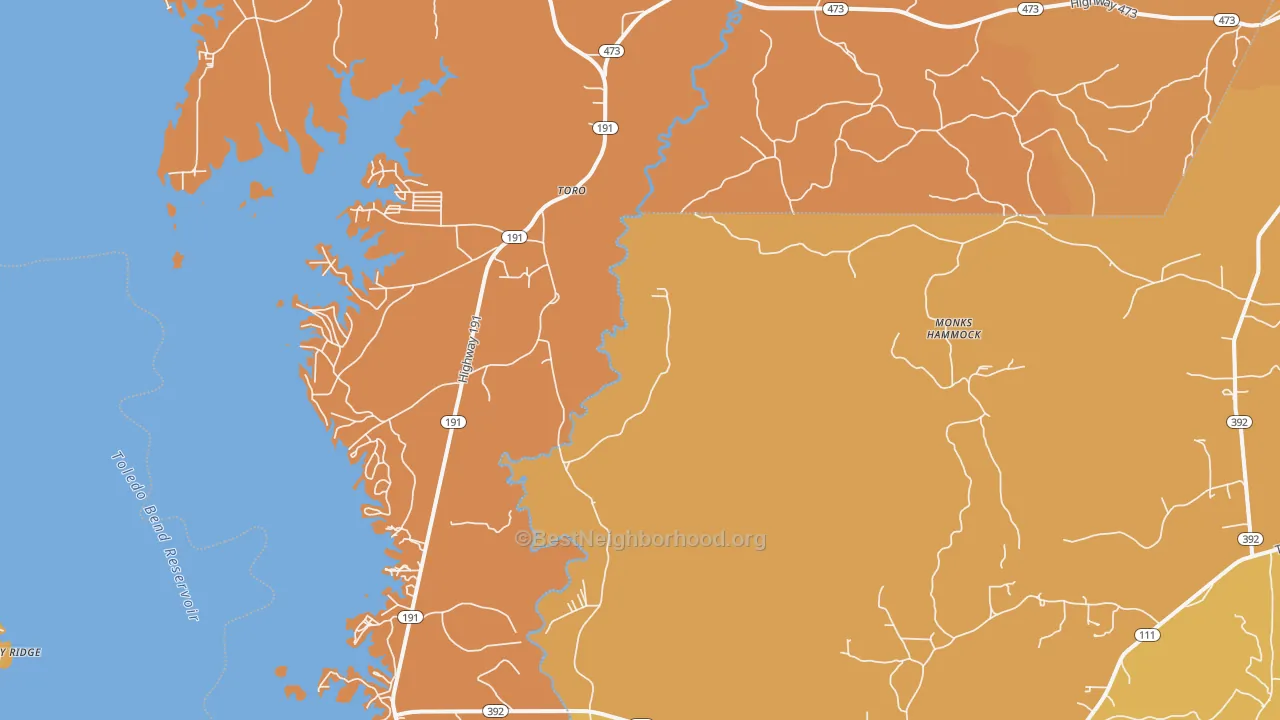 Map of the best neighborhoods in the Toro area, with better matches in green and worse matches in red