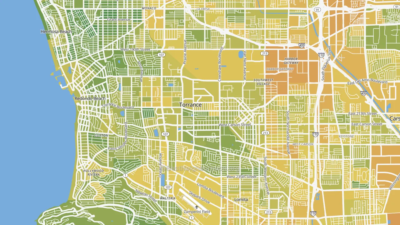 Map of the best neighborhoods in the Torrance area, with better matches in green and worse matches in red