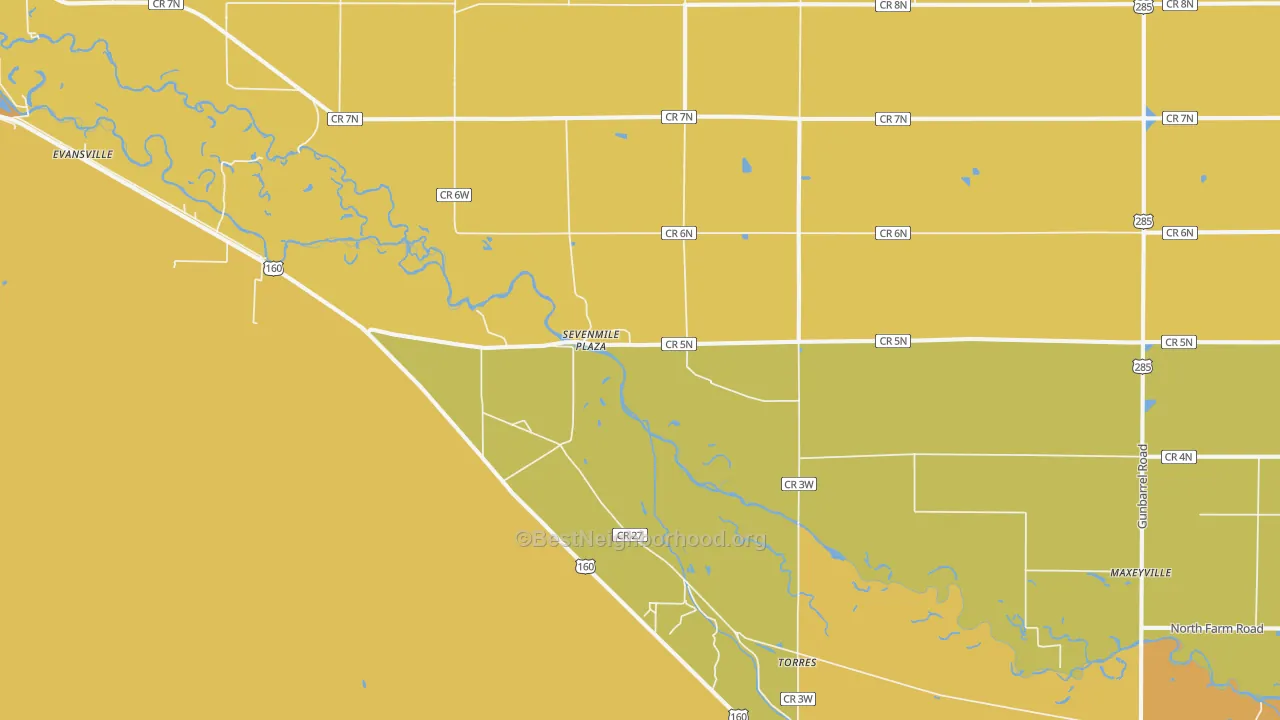 Map of the best neighborhoods in the Torres area, with better matches in green and worse matches in red