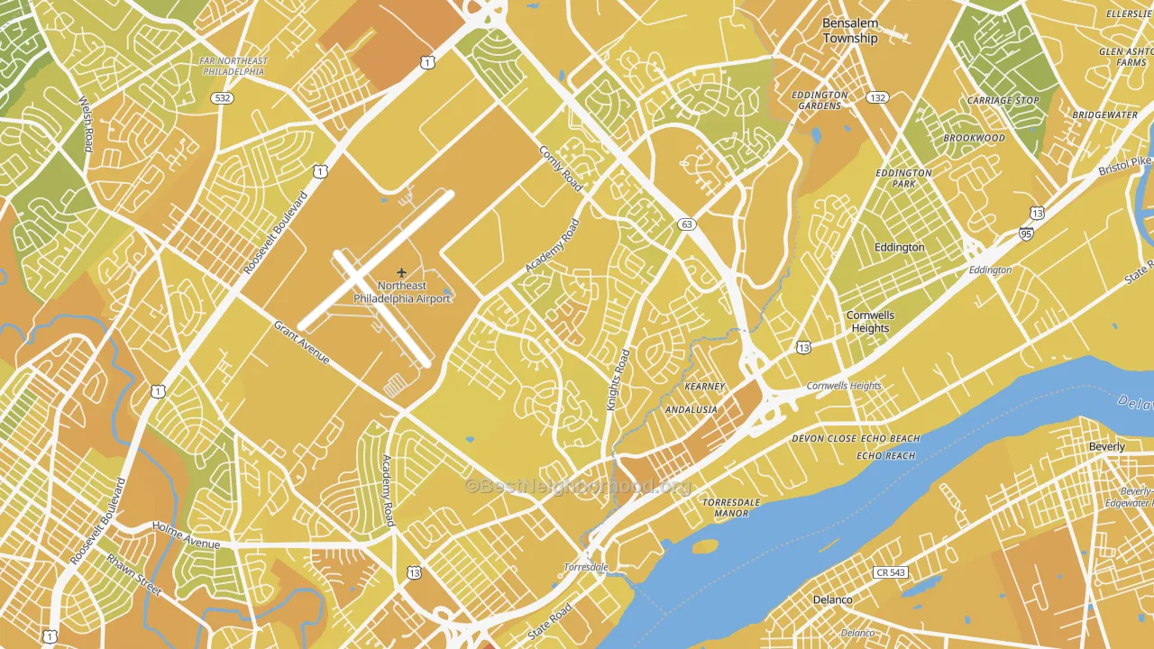 Map of the best neighborhoods in the Torresdale, Philadelphia area, with better matches in green and worse matches in red