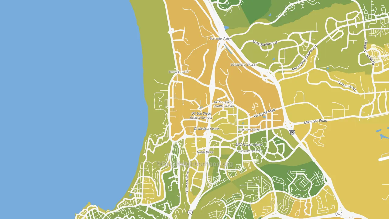 Map of the best neighborhoods in the Torrey Pines, San Diego area, with better matches in green and worse matches in red