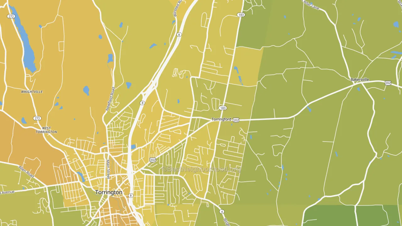 Map of the best neighborhoods in the Torringford, Torrington area, with better matches in green and worse matches in red