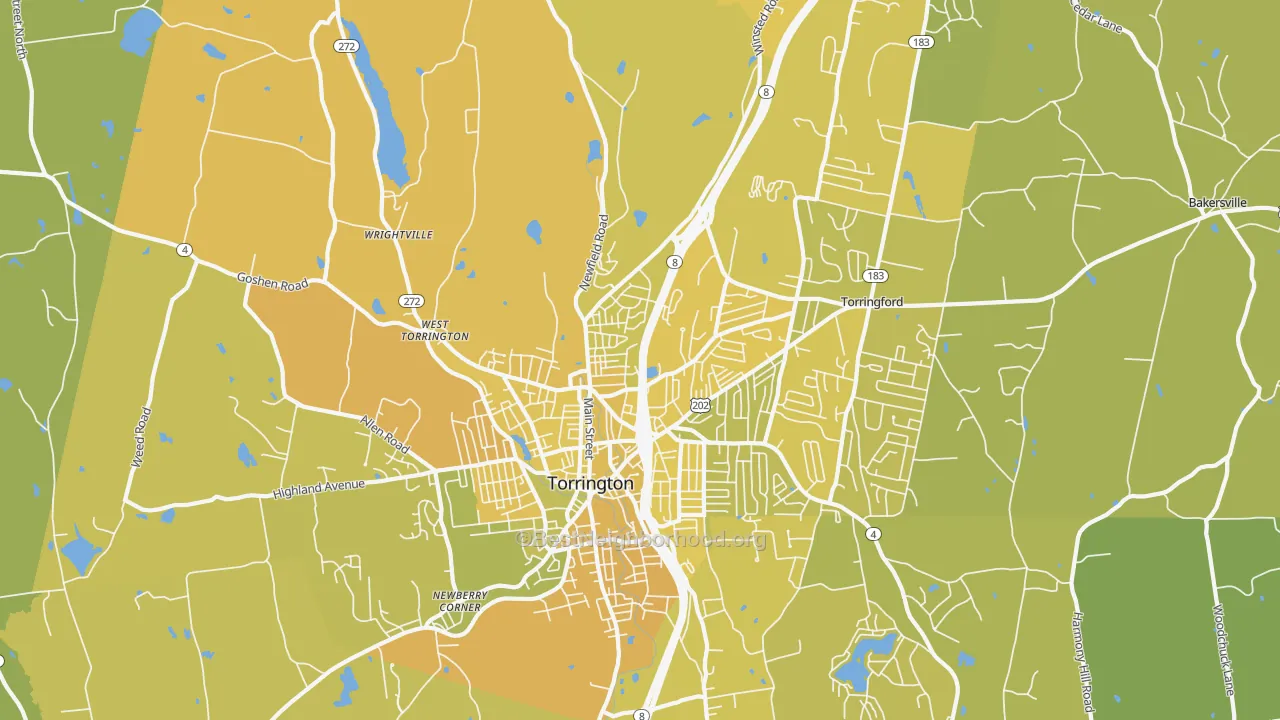 Map of the best neighborhoods in the Torrington area, with better matches in green and worse matches in red