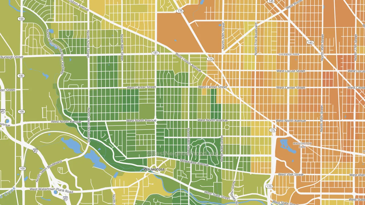 Map of the best neighborhoods in the Tosa East Towne, Wauwatosa area, with better matches in green and worse matches in red