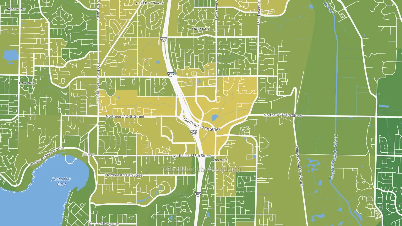 Map of the best neighborhoods in the Totem Lake, Kirkland area, with better matches in green and worse matches in red