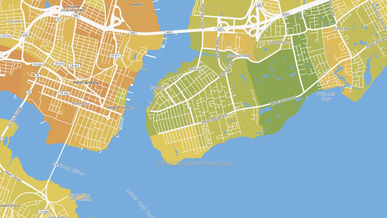 Map of the best neighborhoods in the Tottenville, Staten Island area, with better matches in green and worse matches in red