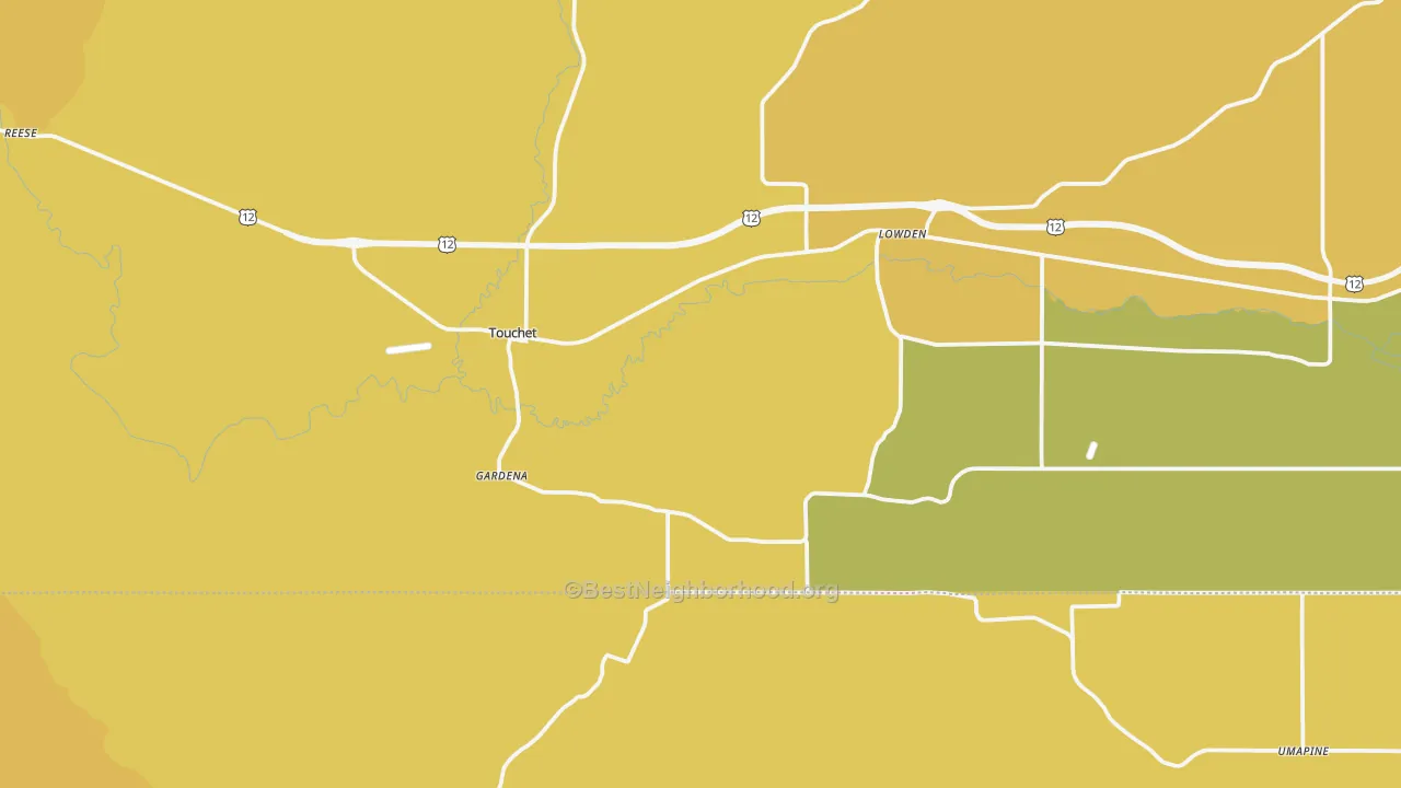 Map of the best neighborhoods in the Touchet area, with better matches in green and worse matches in red