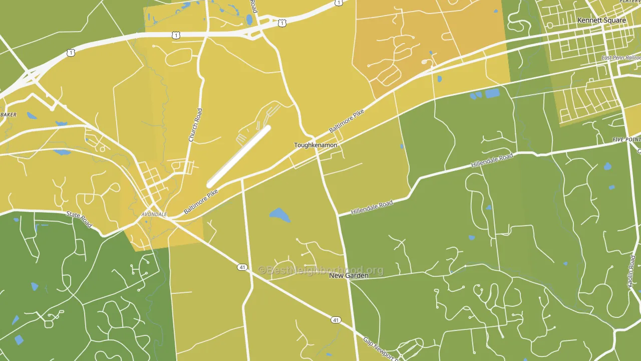 Map of the best neighborhoods in the Toughkenamon area, with better matches in green and worse matches in red