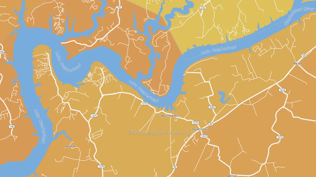Map of the best neighborhoods in the Touristville area, with better matches in green and worse matches in red