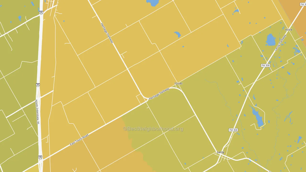 Map of the best neighborhoods in the Tours area, with better matches in green and worse matches in red