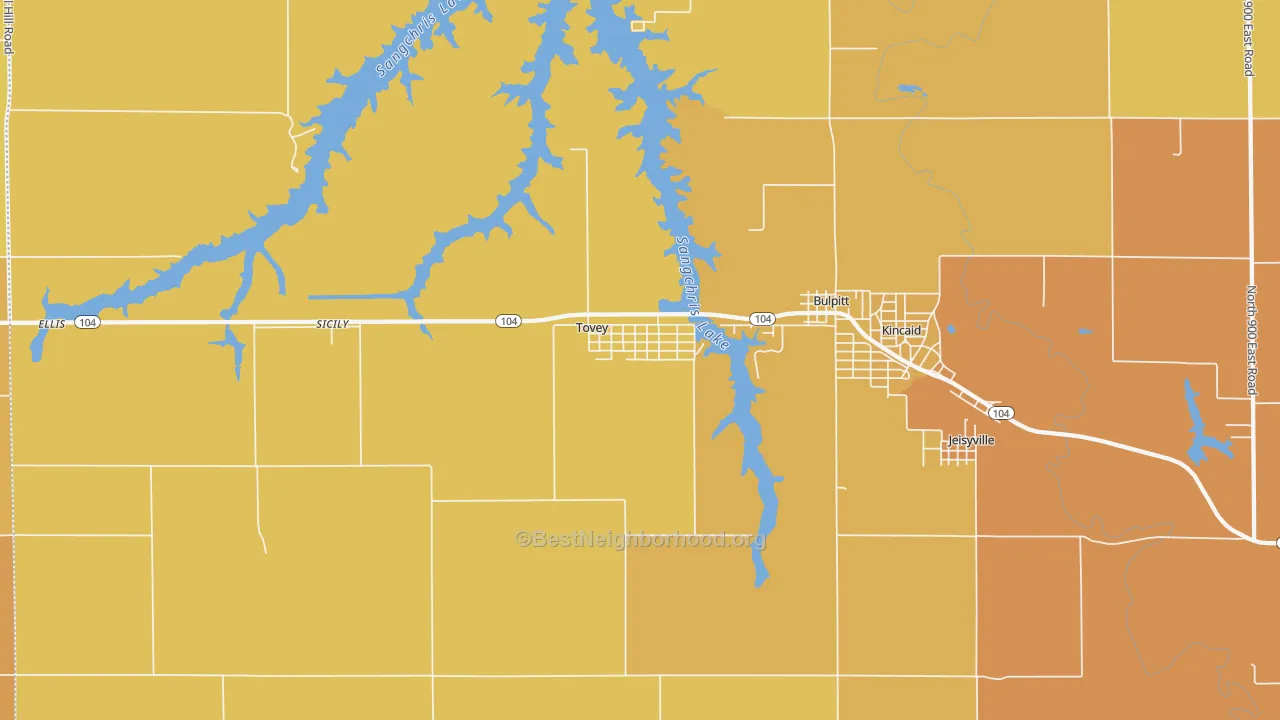 Map of the best neighborhoods in the Tovey area, with better matches in green and worse matches in red