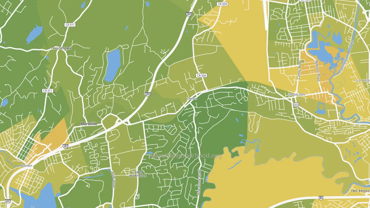 Map of the best neighborhoods in the Towaco area, with better matches in green and worse matches in red