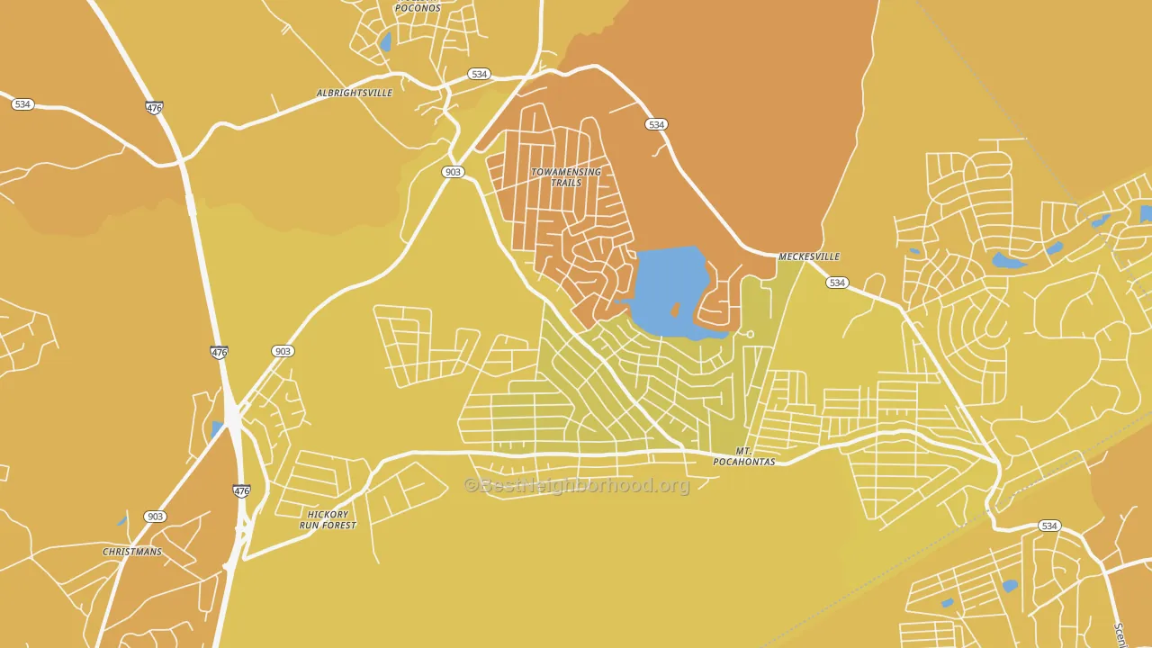 Map of the best neighborhoods in the Towamensing Trails area, with better matches in green and worse matches in red