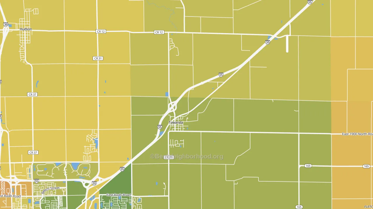 Map of the best neighborhoods in the Towanda area, with better matches in green and worse matches in red