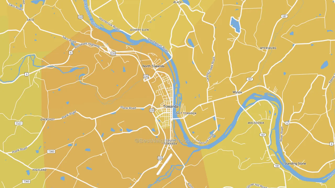 Map of the best neighborhoods in the Towanda area, with better matches in green and worse matches in red