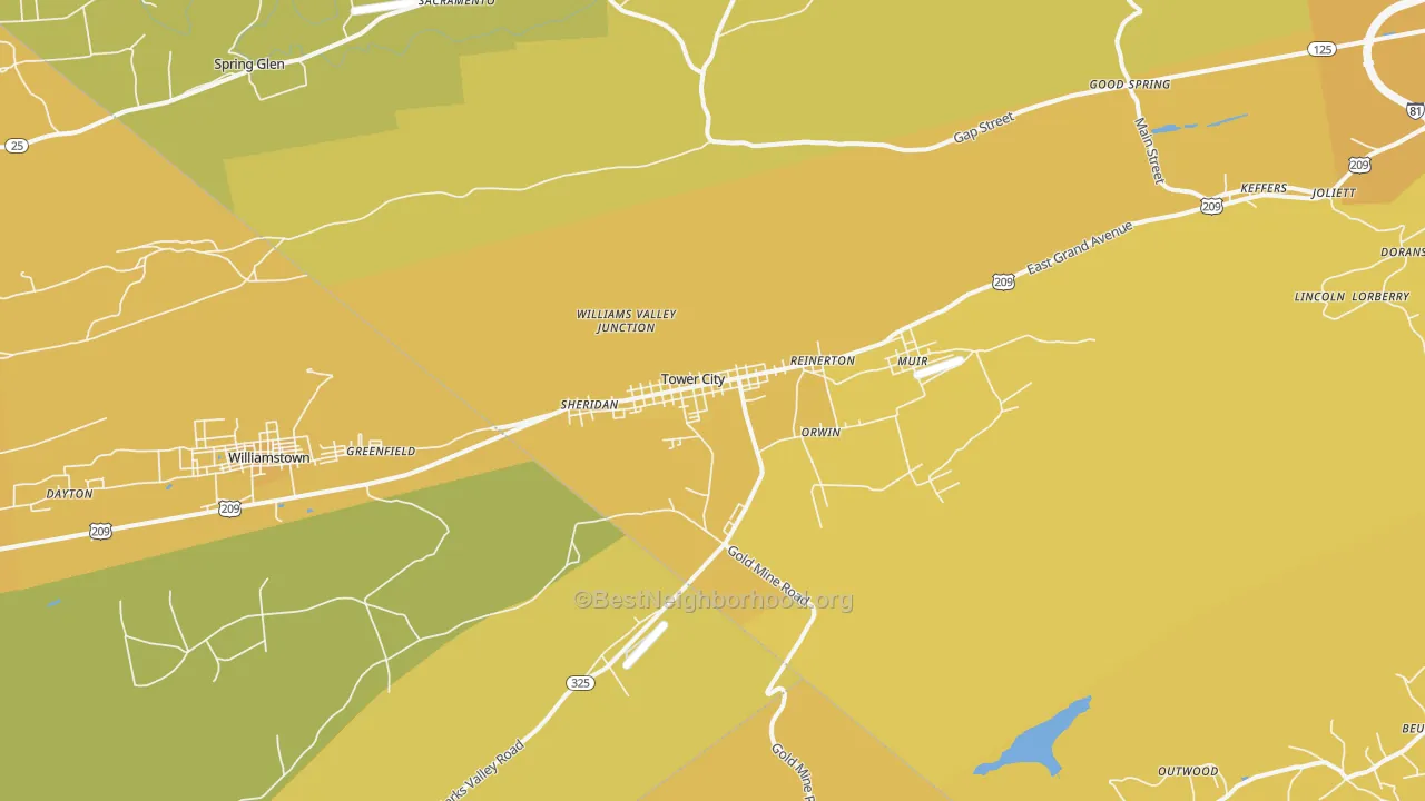 Map of the best neighborhoods in the Tower City area, with better matches in green and worse matches in red