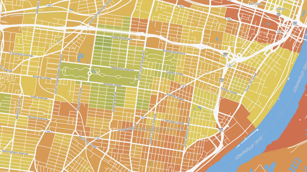 Map of the best neighborhoods in the Tower Grove East, St. Louis area, with better matches in green and worse matches in red