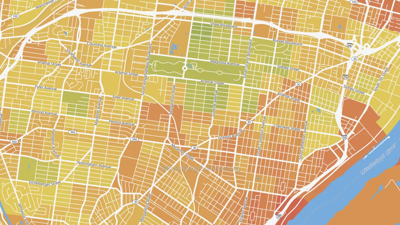 Map of the best neighborhoods in the Tower Grove South, St. Louis area, with better matches in green and worse matches in red