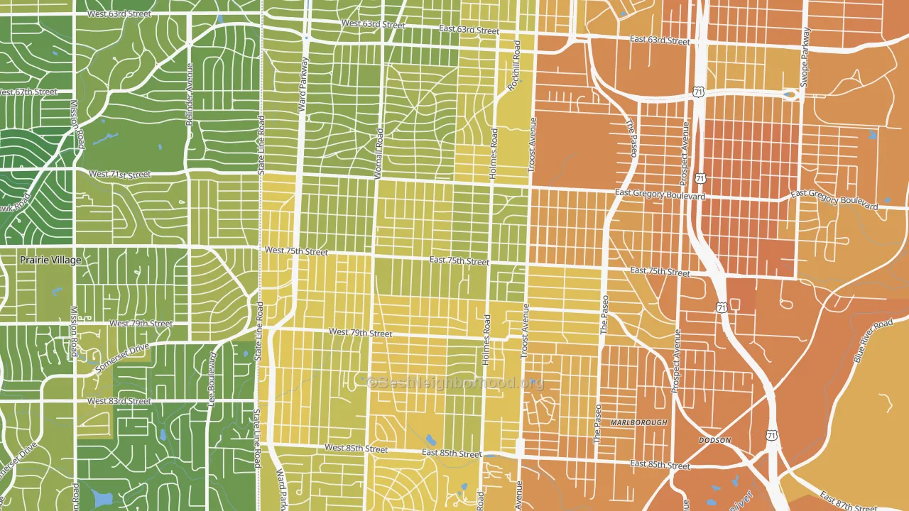 Map of the best neighborhoods in the Tower Homes, Kansas City area, with better matches in green and worse matches in red